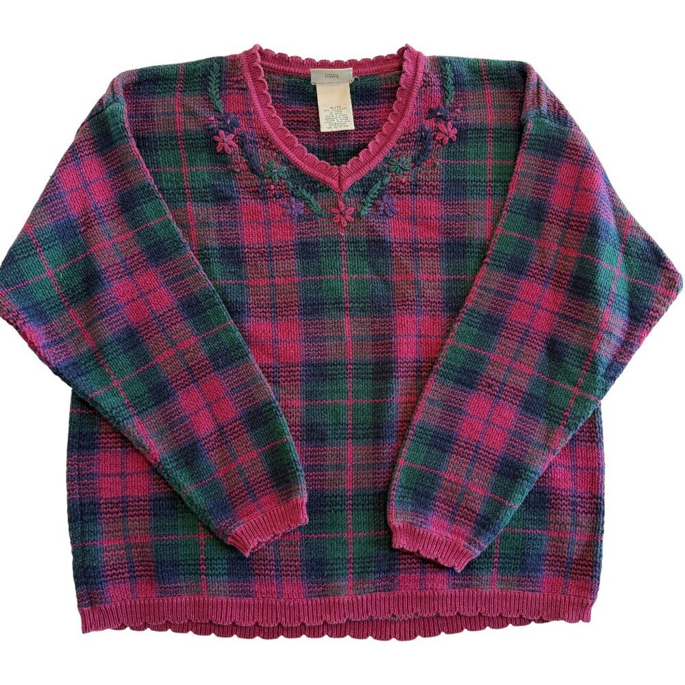 Vintage 80s NORTHERN REFLECTIONS 100% Cotton Plaid V Neck Sweater XL